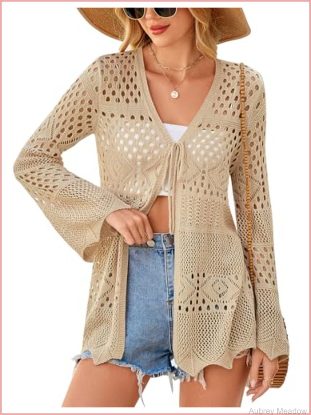 Women's Crochet Lightweight Summer Cardigan Tie Front Bell Sleeve Boho Beach